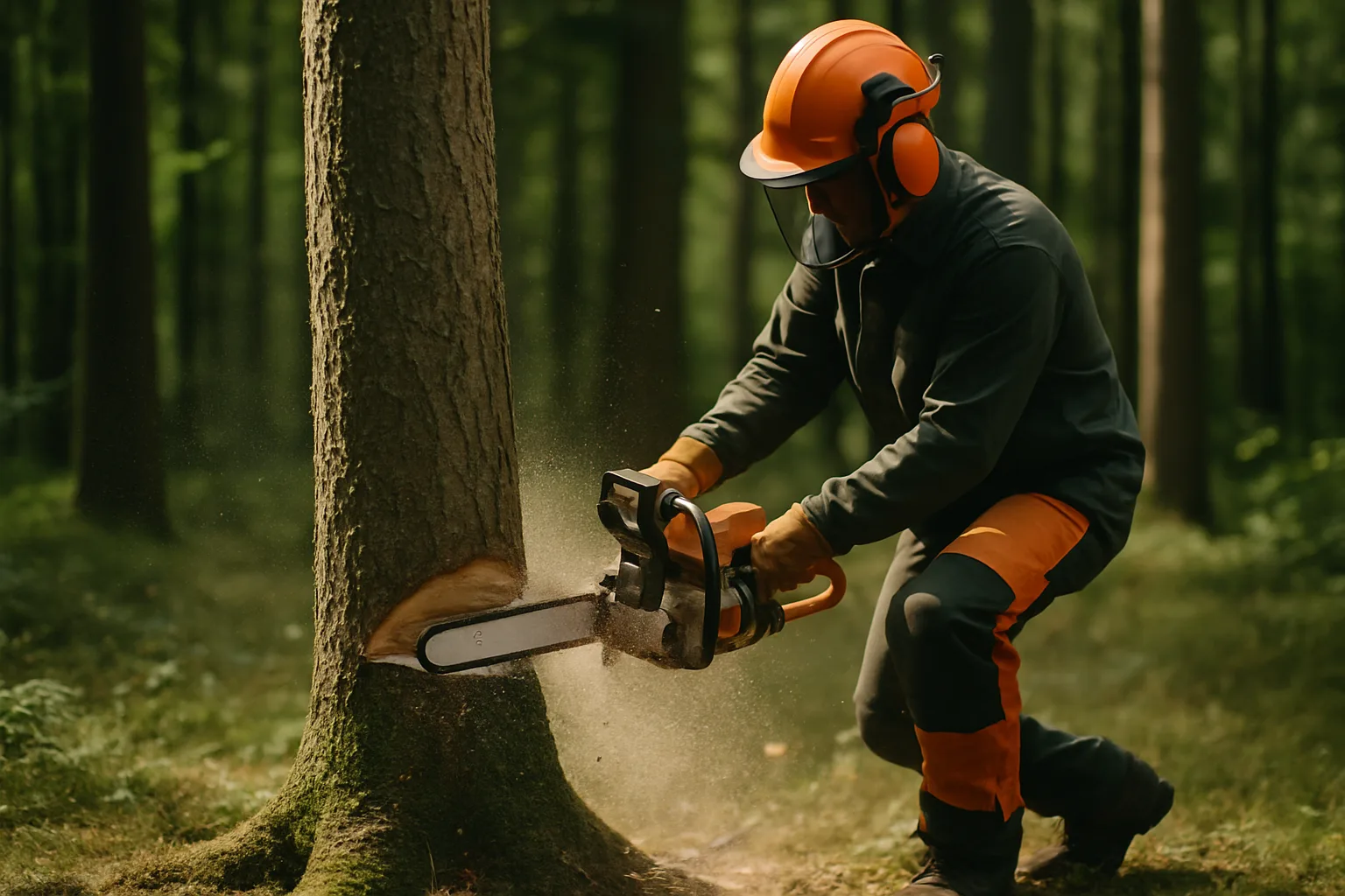 Forstarbeiter fällt sicher einen Baum mit der Kettensäge im sonnigen Wald