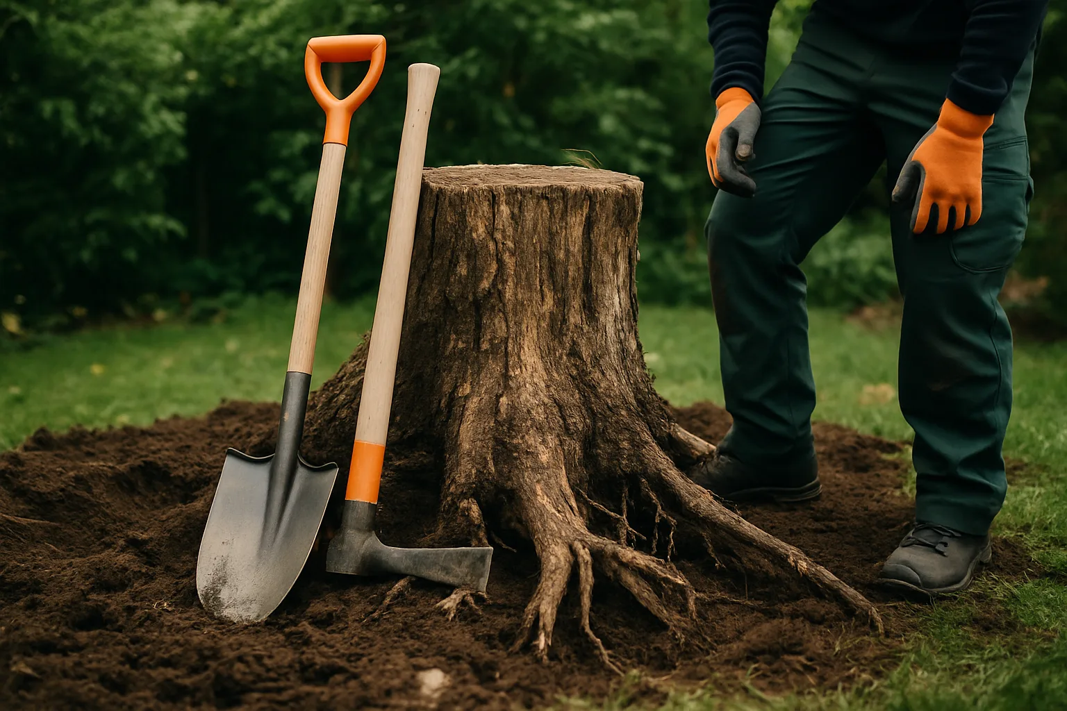 Verwitterter Baumstumpf im Garten mit Spaten und Wurzelhacke