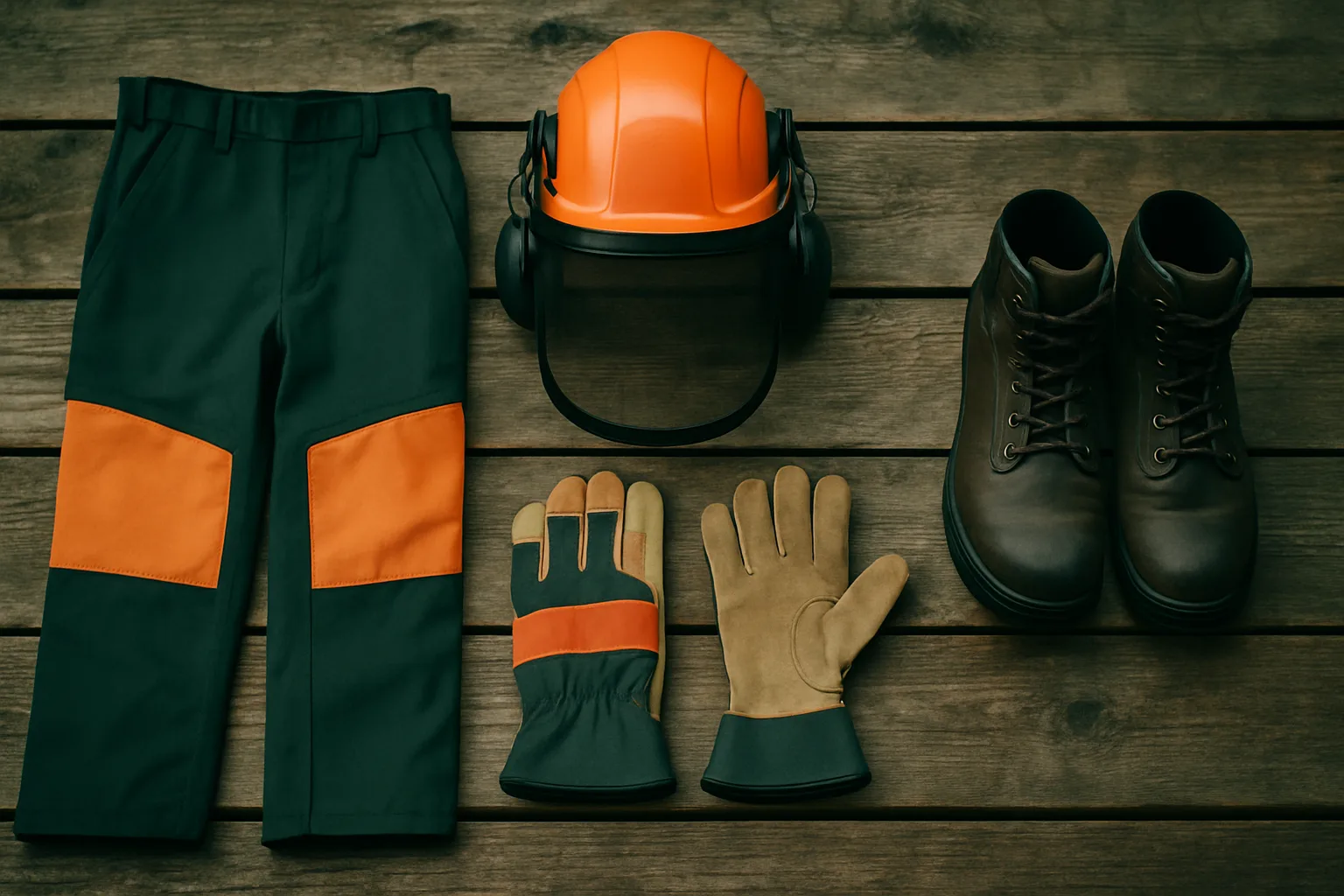 Komplettes Forst-Schutzset mit Hose, Helm, Handschuhen und Stiefeln auf Holzbohlen