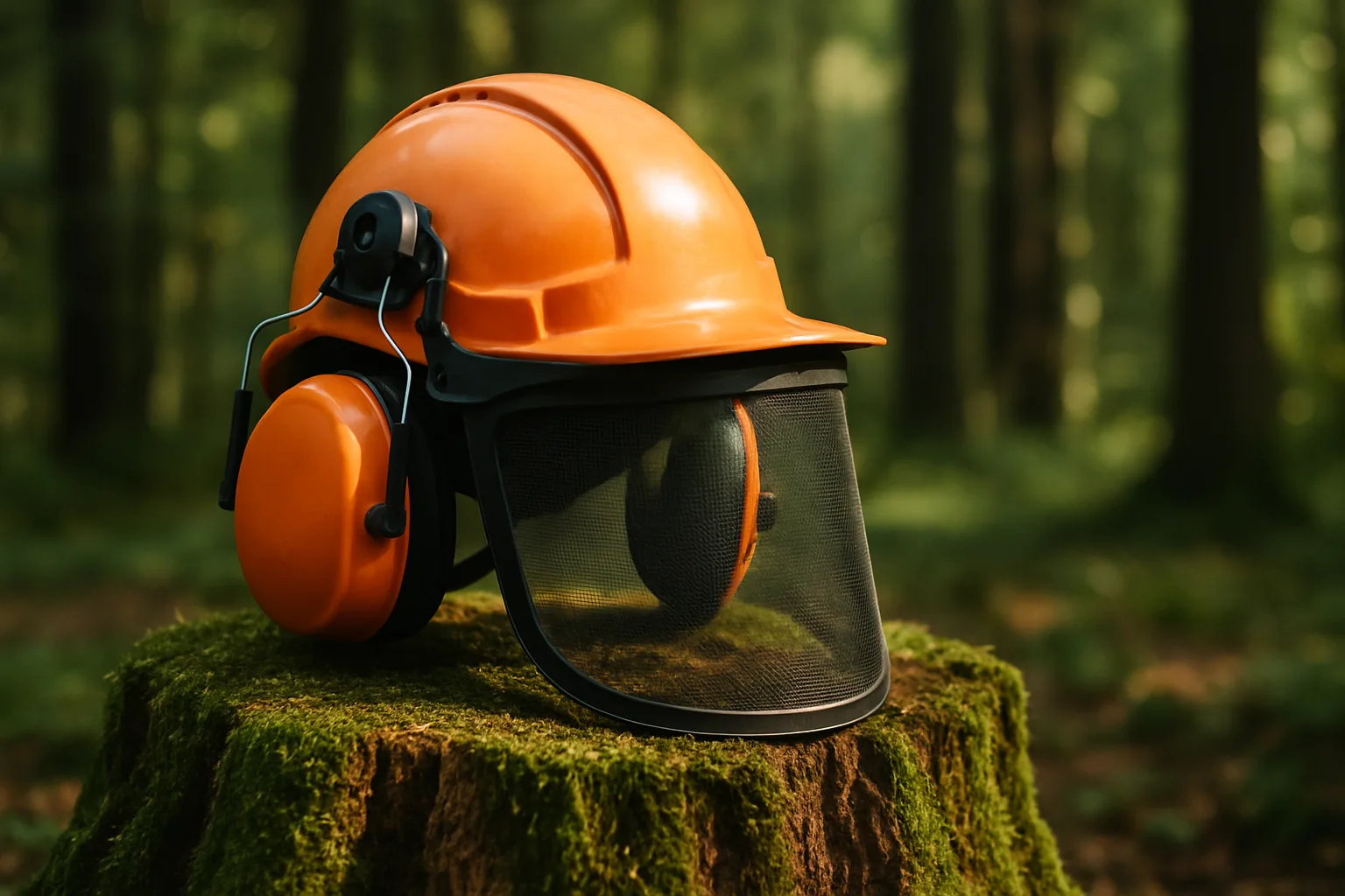 Forsthelm mit Gehörschutz und Visier auf einem Baumstumpf im Wald