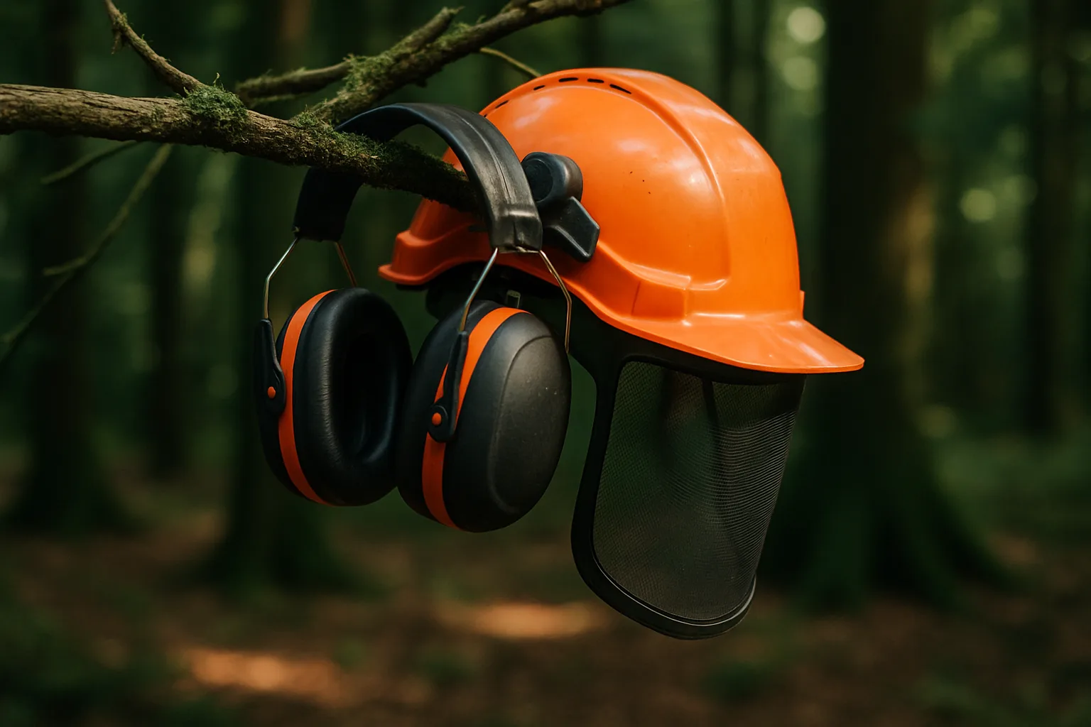 Kapselgehörschutz und Forsthelm an einem Ast im Wald