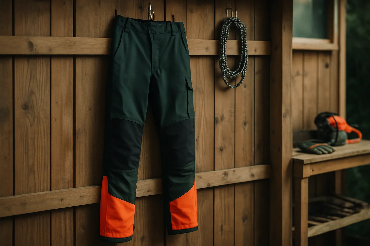 Schnittschutzhose an einer Holzwand neben einer Sägekette
