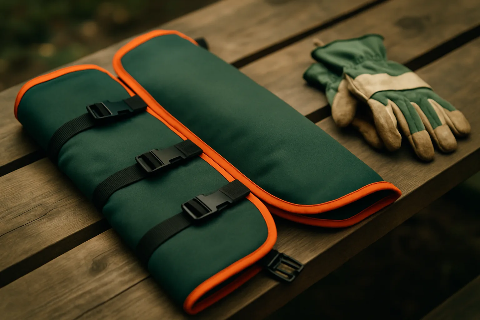 Schnittschutz-Beinlinge mit Schnallen auf Holzbrettern neben Arbeitshandschuhen