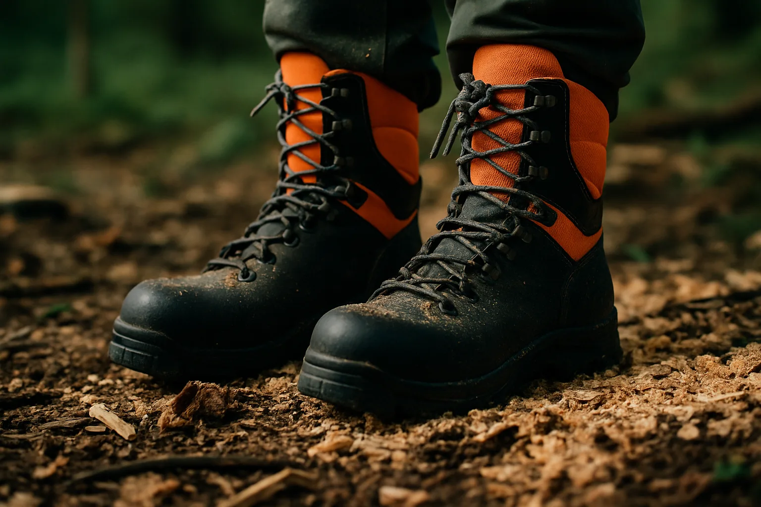 Robuste Schnittschutzstiefel auf dem Waldboden mit Rinde und Sägespänen