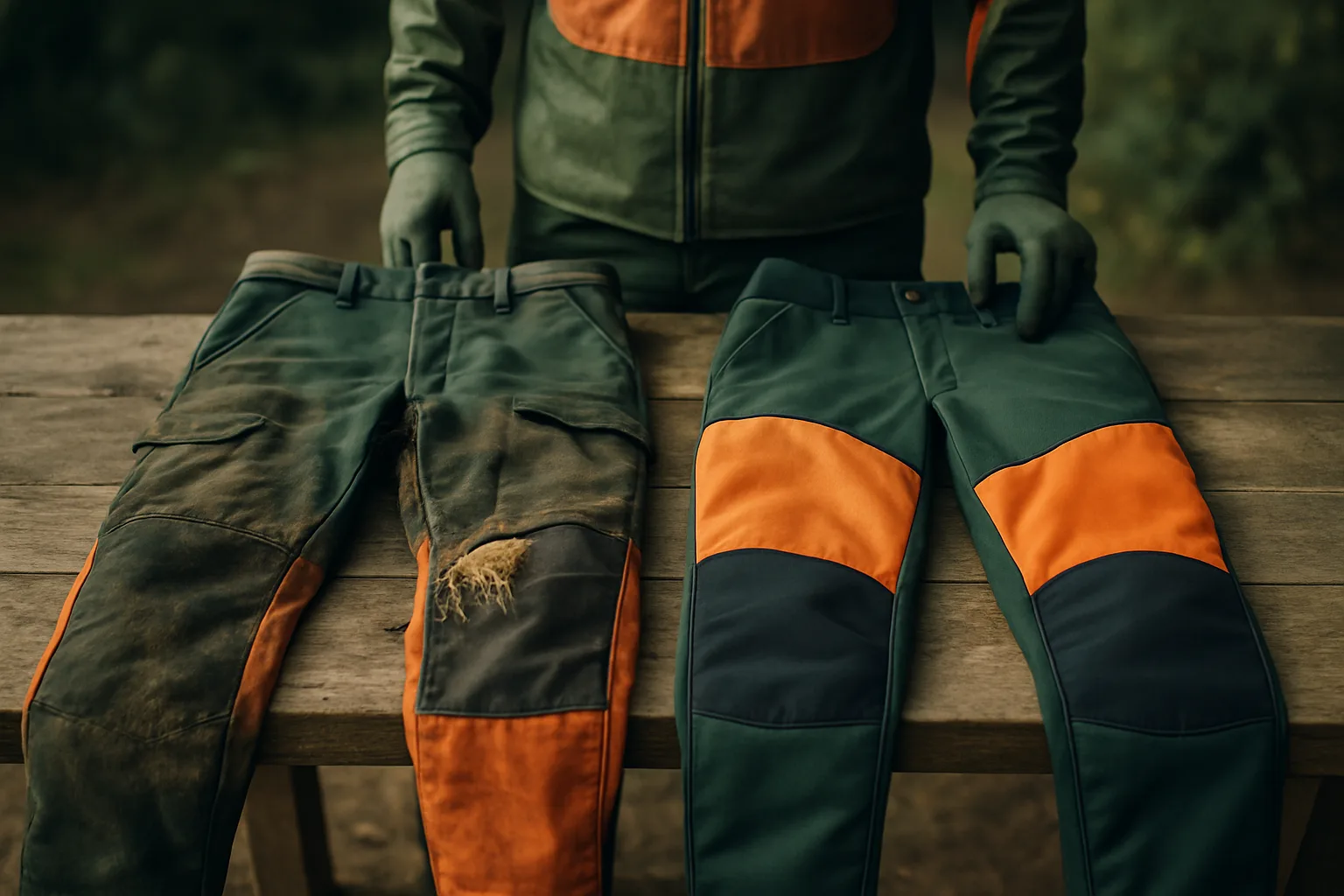 Alte abgenutzte Schnittschutzhose neben einer neuen auf der Werkbank
