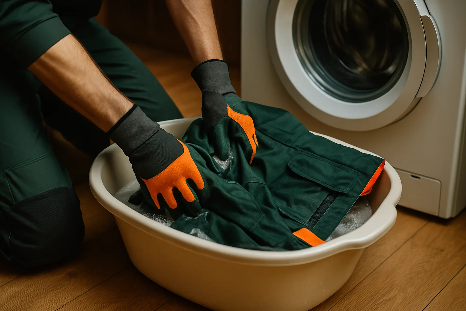 Grüne Schnittschutzhose wird schonend von Hand gewaschen
