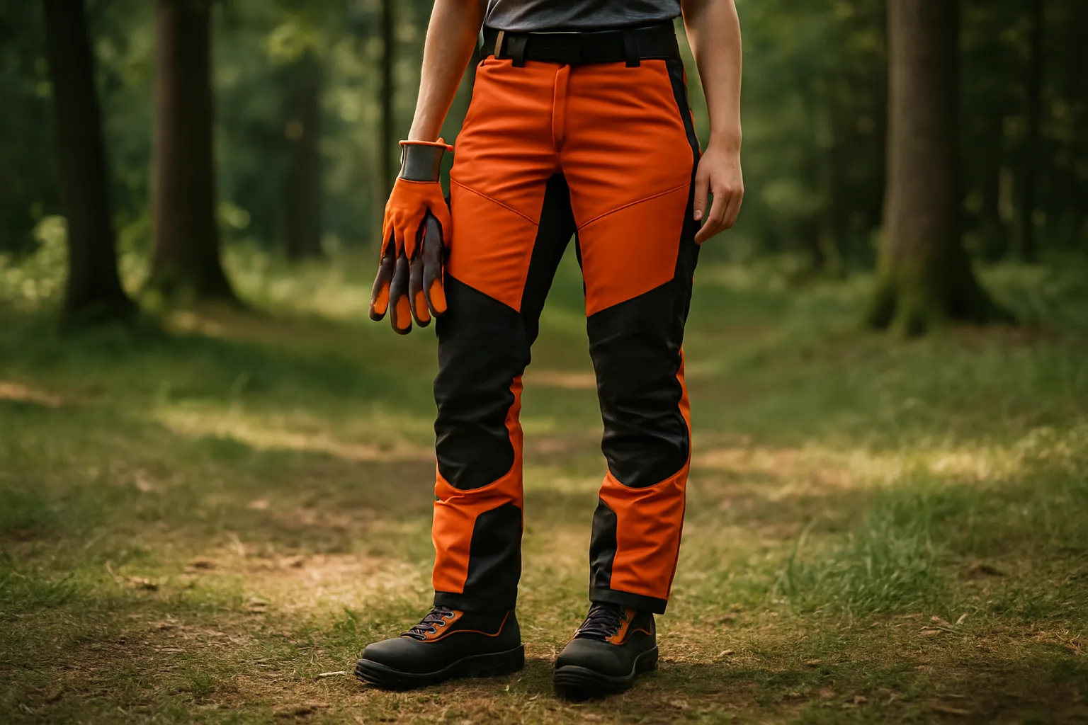 Frau in gut sitzender Schnittschutzhose und Stiefeln auf einer sonnigen Waldlichtung