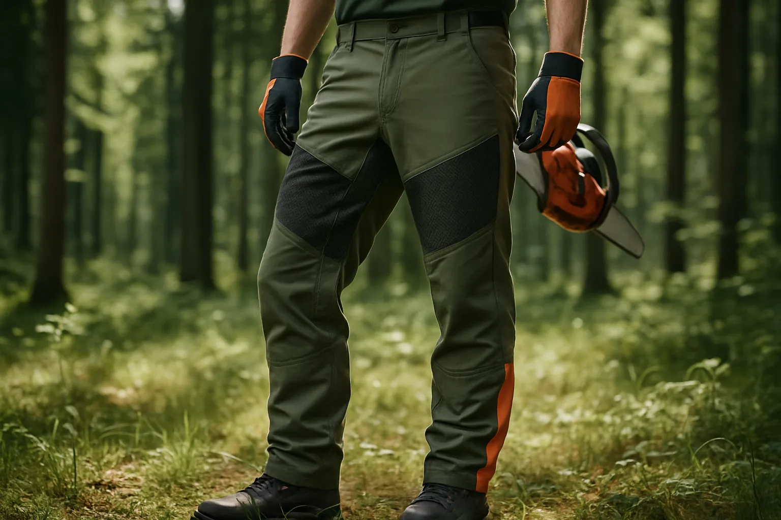 Leichte, belüftete Sommer-Schnittschutzhose im sonnigen Wald