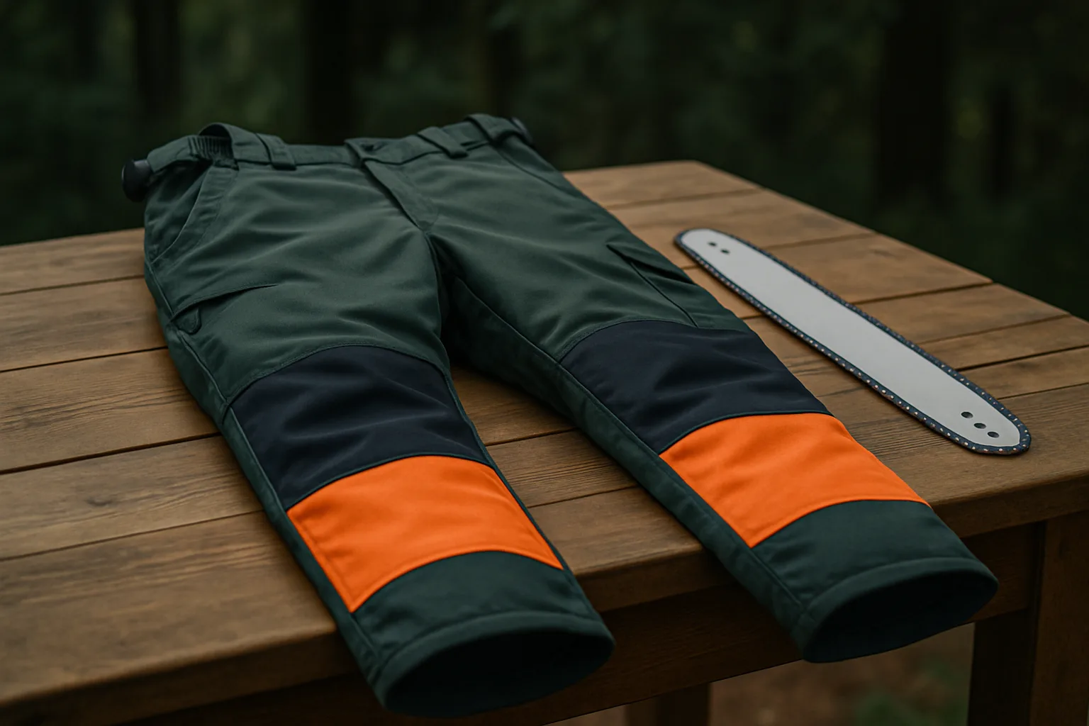 Strapazierfähige Schnittschutzhose Klasse 2 auf einem Holztisch neben Sägeschwert