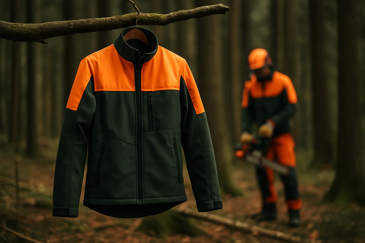 Forst-Schutzjacke mit Signalfarbe an einem Ast im Wald