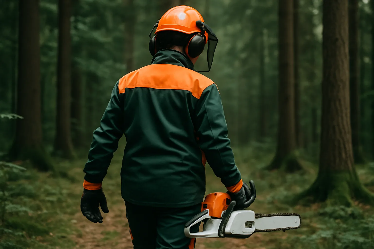 Arbeiter in kompletter Forst-Schutzausrüstung trägt eine Kettensäge durch den Wald